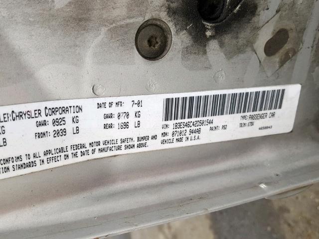 1B3ES46C42D501544 - 2002 DODGE NEON SE SILVER photo 10