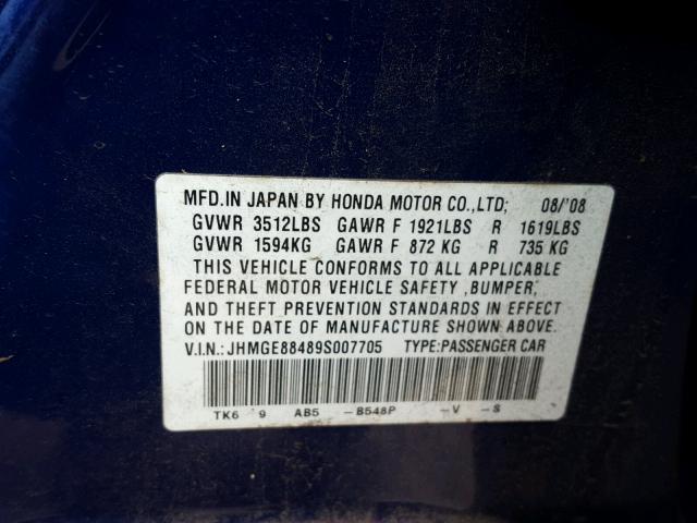 JHMGE88489S007705 - 2009 HONDA FIT SPORT BLUE photo 10