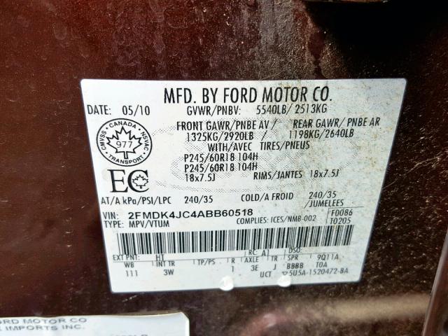 2FMDK4JC4ABB60518 - 2010 FORD EDGE SEL BURGUNDY photo 10