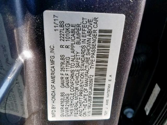 19UUB3F6XJA005972 - 2018 ACURA TLX TECH+A  ფოტო 10