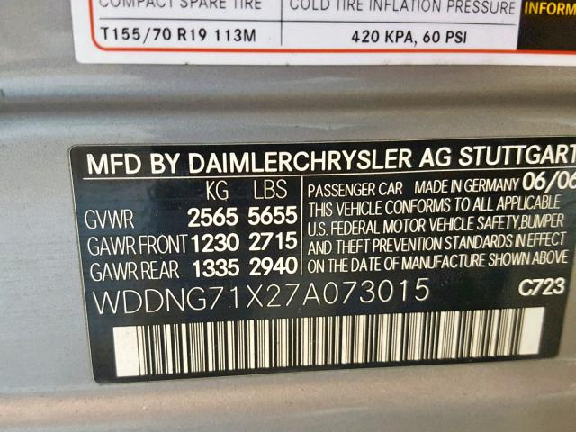 WDDNG71X27A073015 - 2007 MERCEDES-BENZ S 550 GRAY photo 10