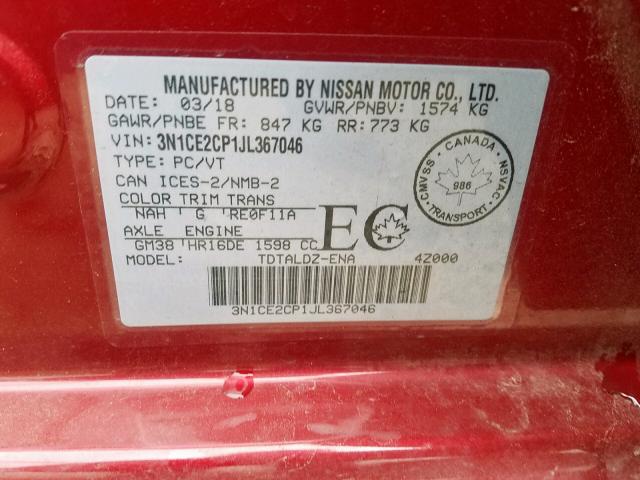 3N1CE2CP1JL367046 - 2018 NISSAN VERSA NOTE RED photo 10