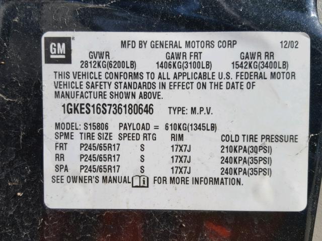 1GKES16S736180646 - 2003 GMC ENVOY XL CHARCOAL photo 10