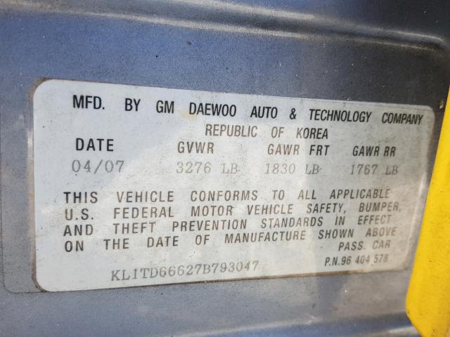 KL1TD66627B793047 - 2007 CHEVROLET AVEO BASE Mavi foto 10