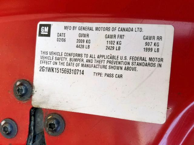 2G1WK151569310714 - 2006 CHEVROLET MONTE CARL წითელი ფოტო 10