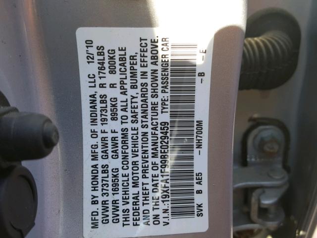 19XFA1F99BE029459 - 2011 HONDA CIVIC EXL SILVER photo 10