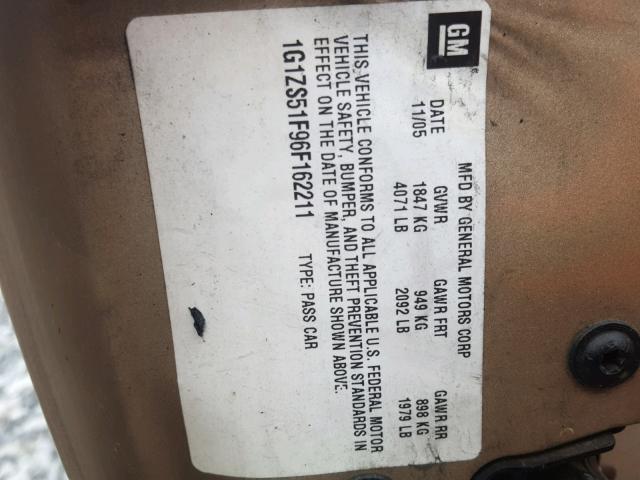 1G1ZS51F96F162211 - 2006 CHEVROLET MALIBU LS ოქროსფერი ფოტო 10