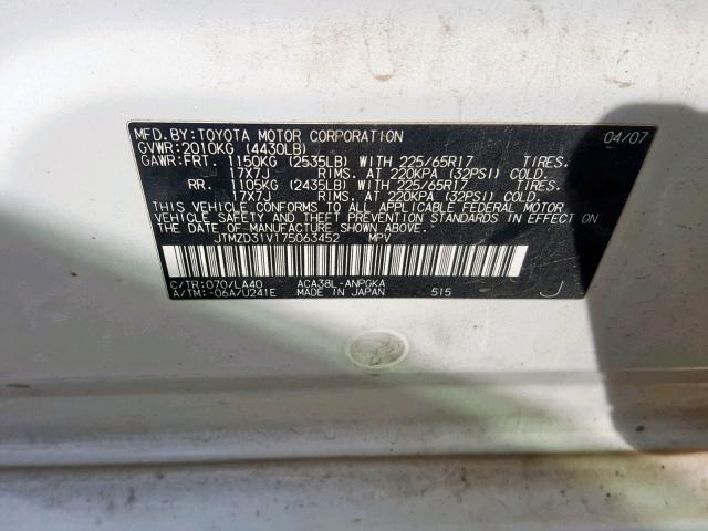 JTMZD31V175063452 - 2007 TOYOTA RAV4 LIMIT WHITE photo 10