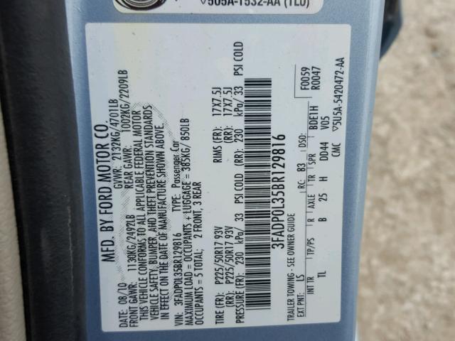 3FADP0L35BR129816 - 2011 FORD FUSION HYB BLUE photo 10