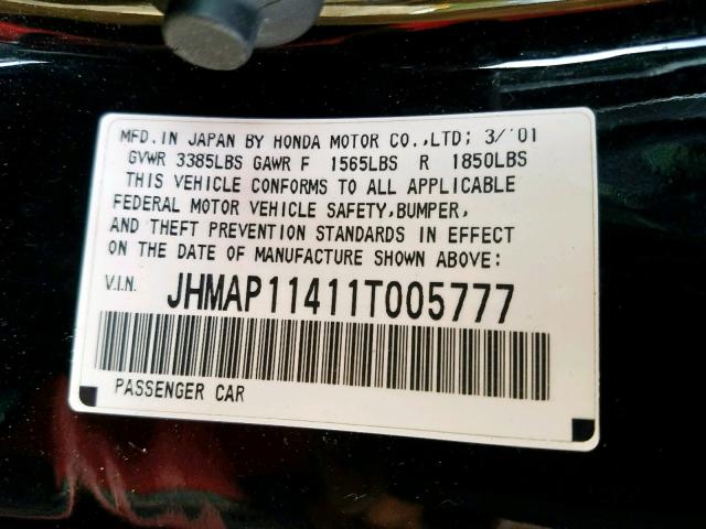 JHMAP11411T005777 - 2001 HONDA S2000 BLACK photo 10