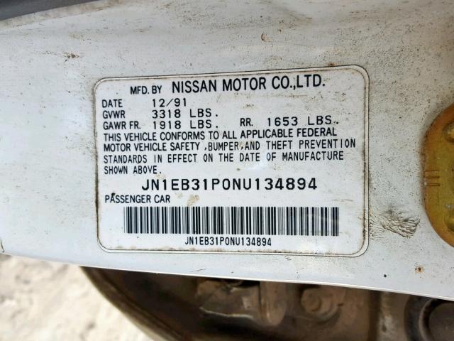 JN1EB31P0NU134894 - 1992 NISSAN SENTRA WHITE photo 10