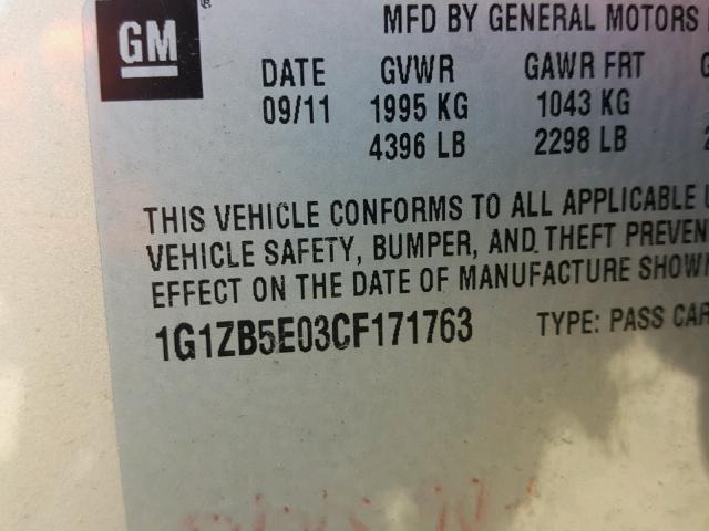 1G1ZB5E03CF171763 - 2012 CHEVROLET MALIBU LS ოქროსფერი ფოტო 10