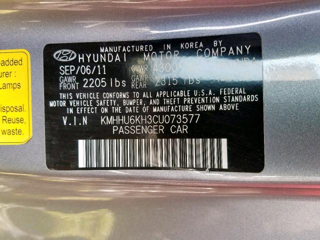 KMHHU6KH3CU073577 - 2012 HYUNDAI GENESIS CO GRAY photo 10