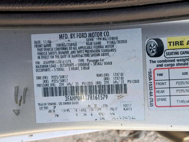 3FAHP08117R161579 - 2007 FORD FUSION SEL SILVER photo 10