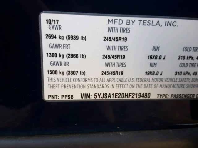 5YJSA1E20HF219480 - 2017 TESLA MODEL S BLUE photo 10