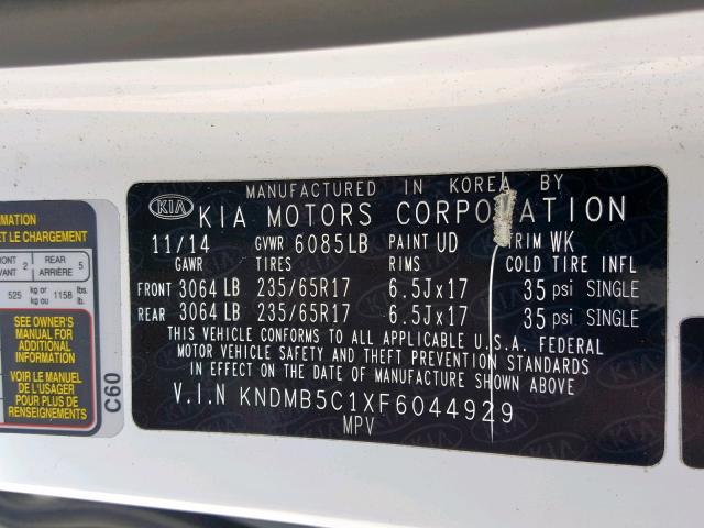 KNDMB5C1XF6044929 - 2015 KIA SEDONA LX WHITE photo 10