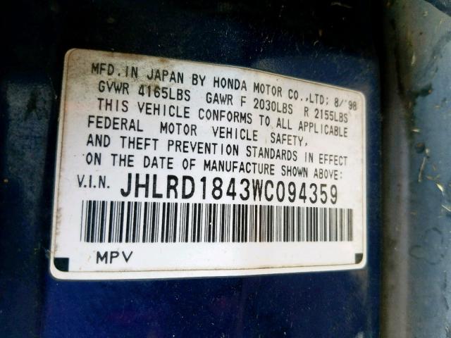 JHLRD1843WC094359 - 1998 HONDA CR-V LX BLUE photo 10