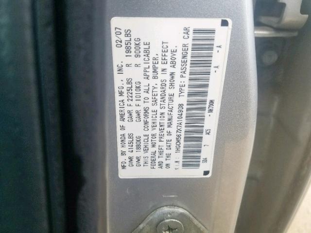 1HGCM567X7A104908 - 2007 HONDA ACCORD EX SILVER photo 10