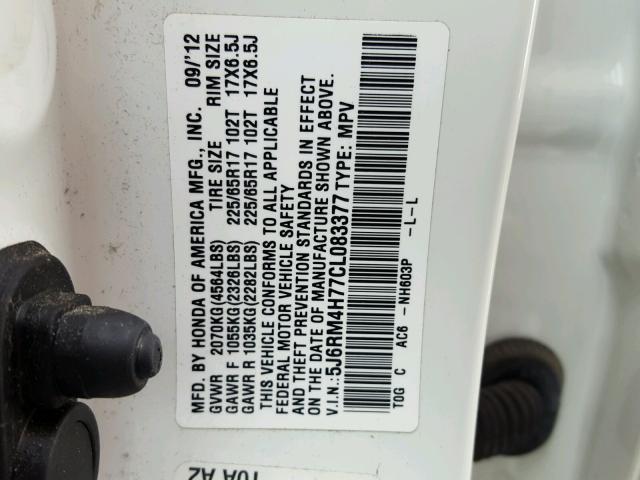 5J6RM4H77CL083377 - 2012 HONDA CR-V EXL WHITE photo 10