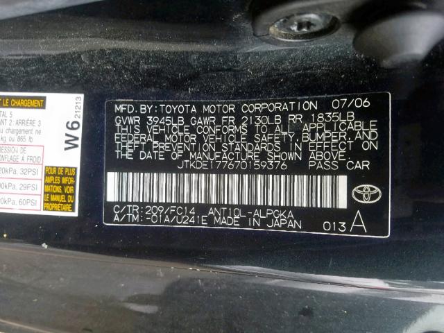 JTKDE177670159376 - 2007 SCION TC BLACK photo 10