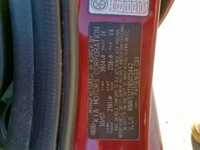 KNAFE121285015442 - 2008 KIA SPECTRA EX RED photo 10