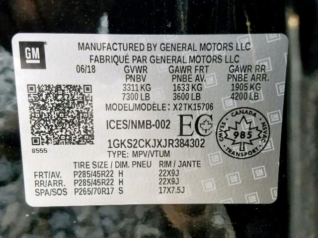 1GKS2CKJXJR384302 - 2018 GMC YUKON DENA BLACK photo 10