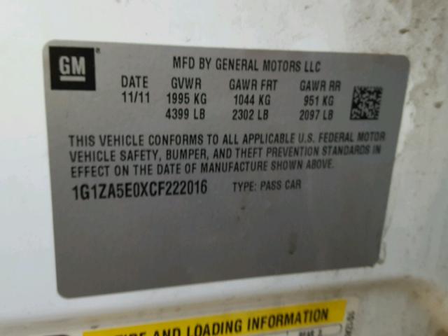 1G1ZA5E0XCF222016 - 2012 CHEVROLET MALIBU LS 白色 照片 10