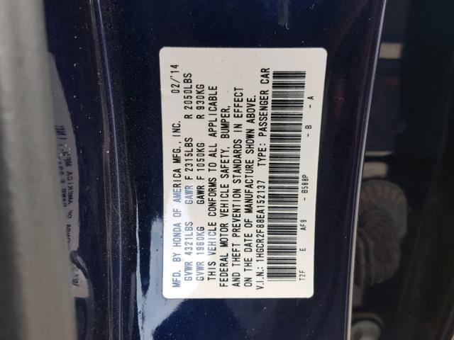 1HGCR2F88EA152137 - 2014 HONDA ACCORD EXL BLUE photo 10