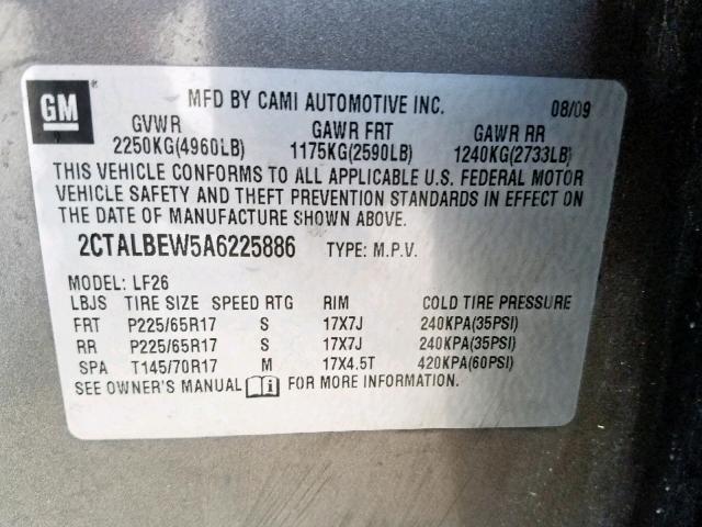 2CTALBEW5A6225886 - 2010 GMC TERRAIN SL GRAY photo 10