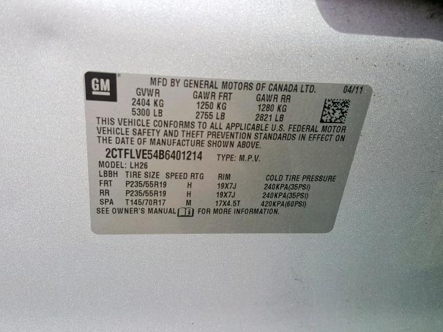 2CTFLVE54B6401214 - 2011 GMC TERRAIN SL SILVER photo 10