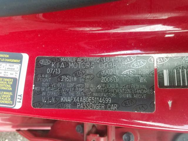 KNAFX4A80E5114699 - 2014 KIA FORTE EX RED photo 10