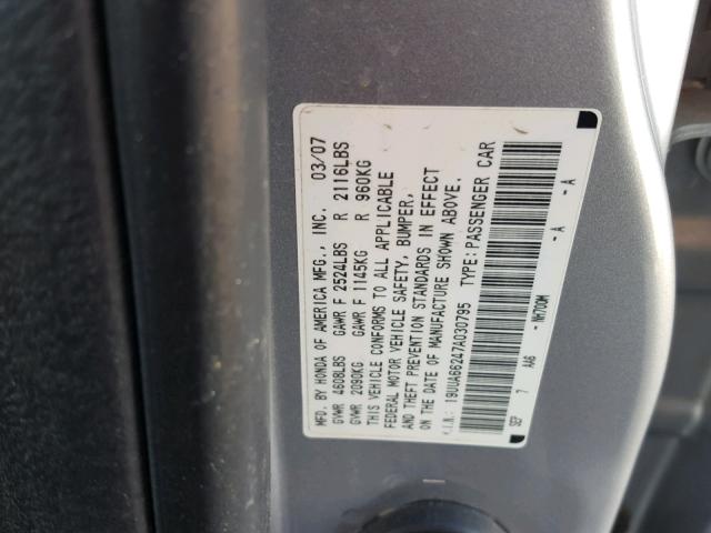 19UUA66247A030795 - 2007 ACURA TL SILVER photo 10