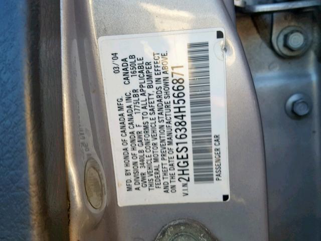 2HGES16384H566871 - 2004 HONDA CIVIC DX V SILVER photo 10