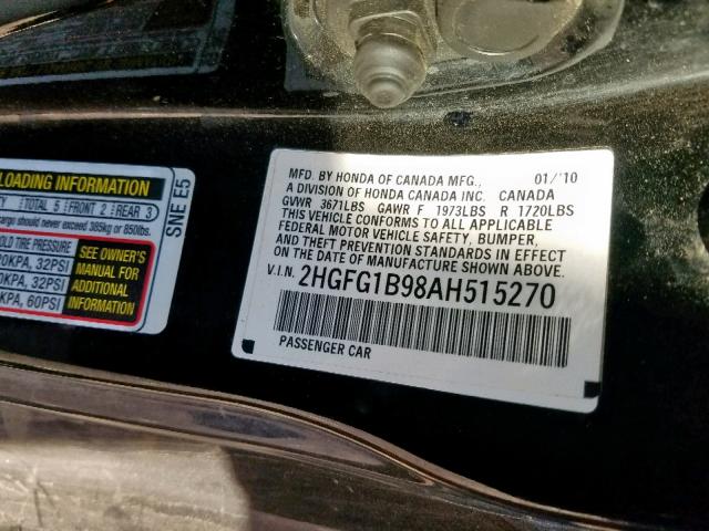 2HGFG1B98AH515270 - 2010 HONDA CIVIC EXL 黑色 照片 10