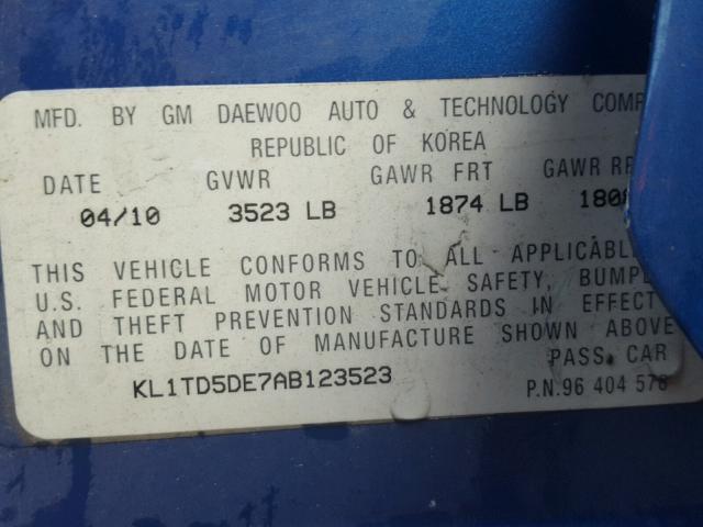 KL1TD5DE7AB123523 - 2010 CHEVROLET AVEO LS BLUE photo 10