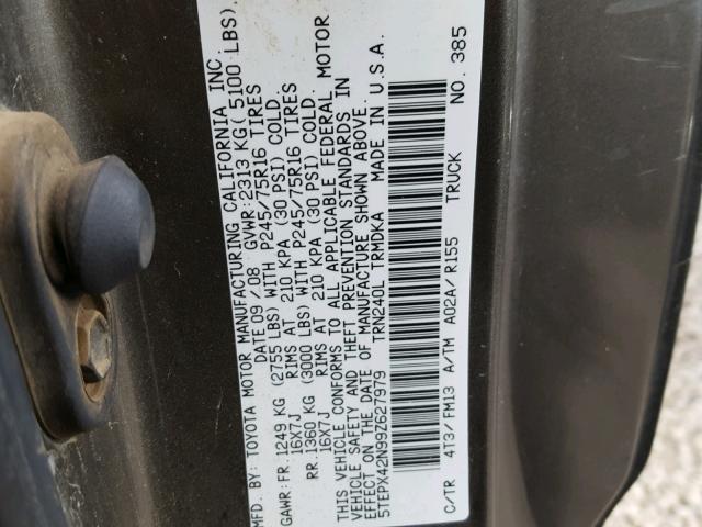 5TEPX42N99Z627979 - 2009 TOYOTA TACOMA GRAY photo 10