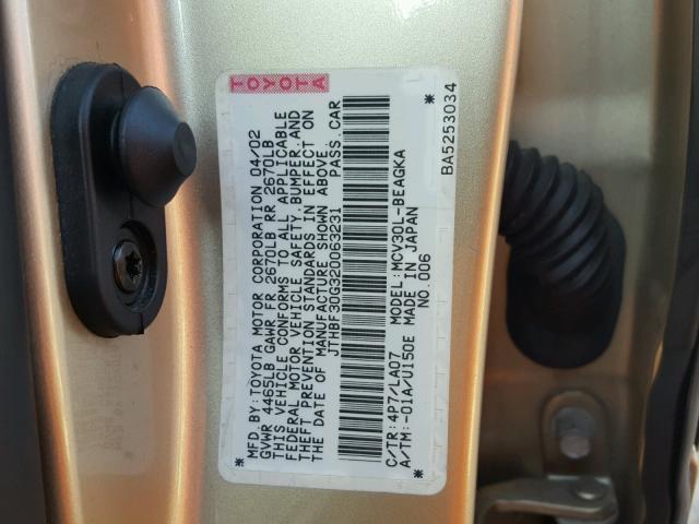 JTHBF30G320063231 - 2002 LEXUS ES 300 GOLD photo 10