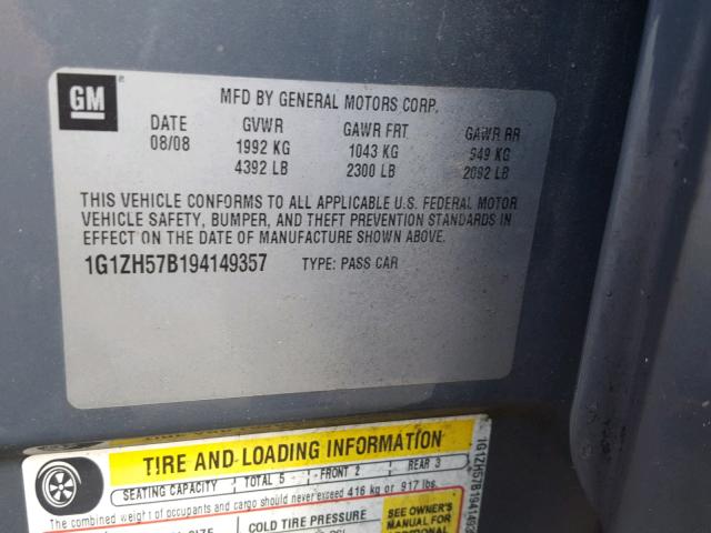 1G1ZH57B194149357 - 2009 CHEVROLET MALIBU 1LT 石墨色 照片 10