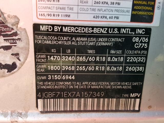 4JGBF71EX7A157349 - 2007 MERCEDES-BENZ GL 450 4MA SILVER photo 10