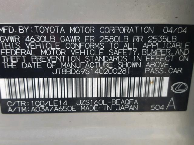 JT8BD69S140200281 - 2004 LEXUS GS 300 SILVER photo 10