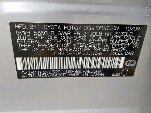 JTHDL5EF0A5001526 - 2010 LEXUS LS 460L SILVER photo 10