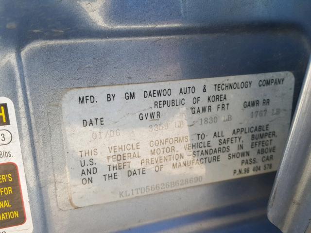 KL1TD56626B628690 - 2006 CHEVROLET AVEO BASE Mavi foto 10