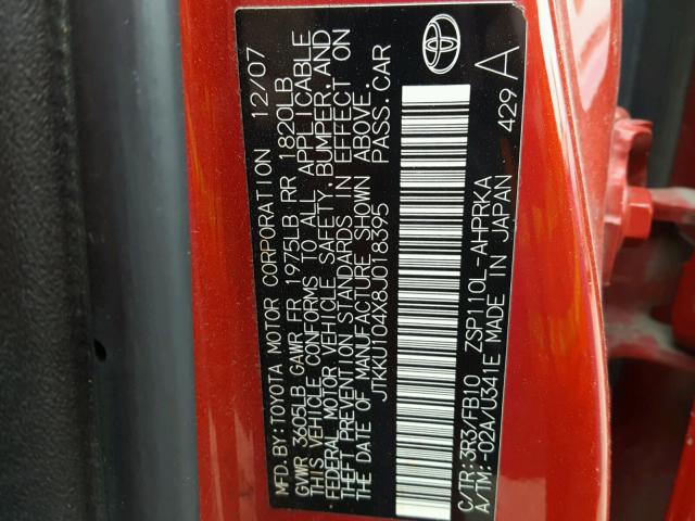 JTKKU104X8J018395 - 2008 TOYOTA SCION XD RED photo 10