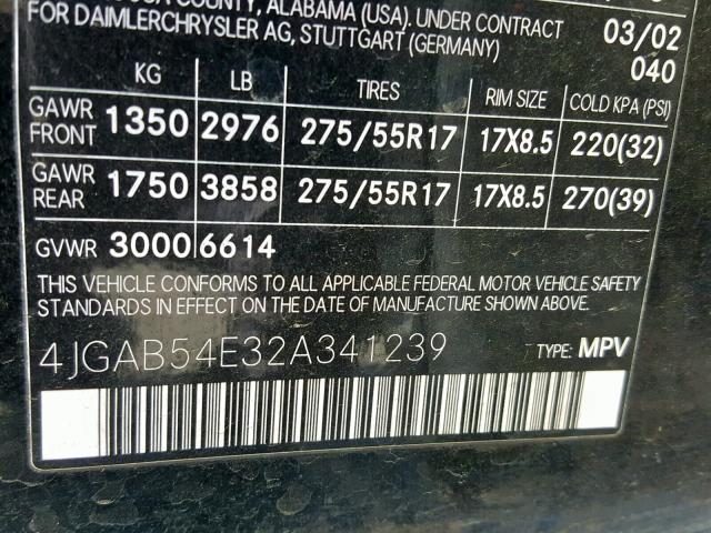 4JGAB54E32A341239 - 2002 MERCEDES-BENZ ML 320 BLACK photo 10