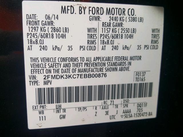 2FMDK3KC7EBB00876 - 2014 FORD EDGE LIMIT BLACK photo 10