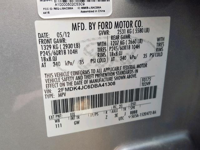 2FMDK4JC6DBA41308 - 2013 FORD EDGE SEL SILVER photo 10