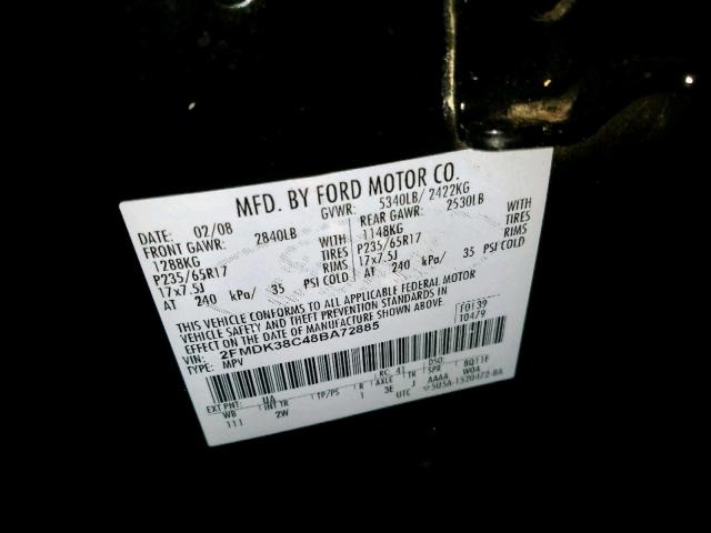 2FMDK38C48BA72885 - 2008 FORD EDGE SEL BLACK photo 10