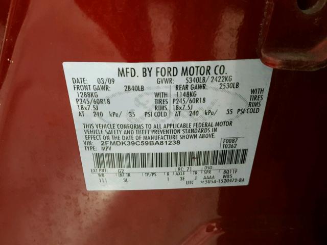 2FMDK39C59BA81238 - 2009 FORD EDGE LIMIT RED photo 10