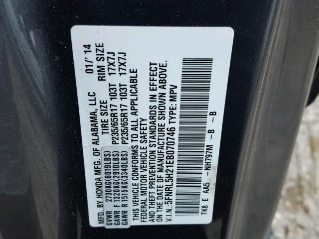 5FNRL5H21EB070746 - 2014 HONDA ODYSSEY LX GRAY photo 10