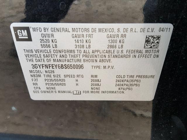 3GYFNFEY6BS650096 - 2011 CADILLAC SRX PREMIU BLACK photo 10